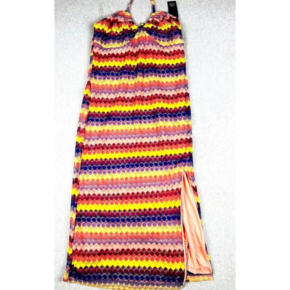 Wild Fable Maxi Dress Womens XL Colorful Crochet Bodycon Gown Tie Neck Boho - Picture 4 of 16